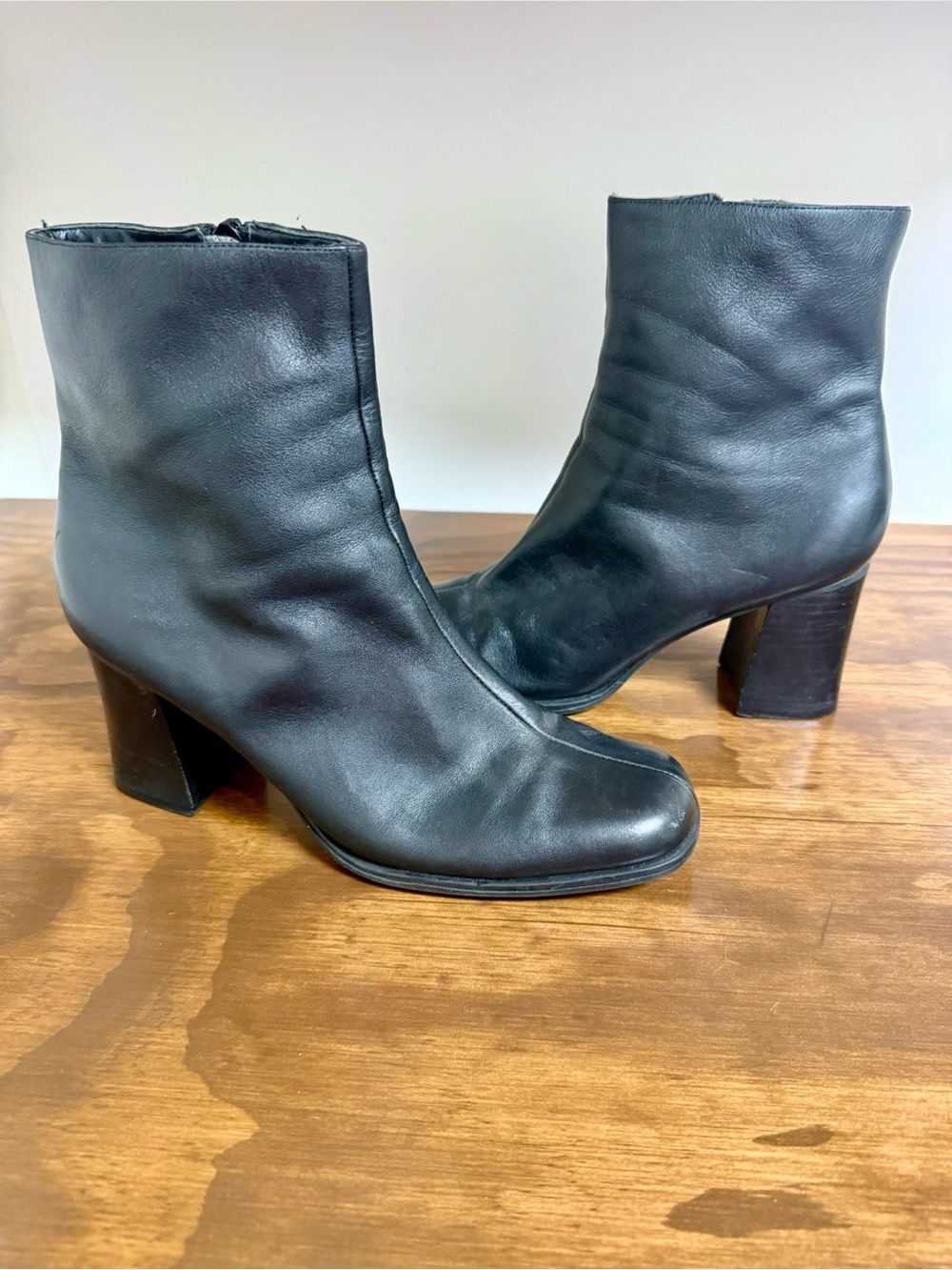 Black Leather Square Toe with Chunky Heel Ankle Boot